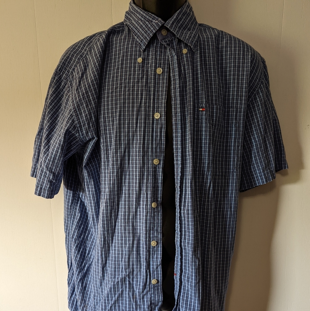 Men's Y2K Tommy Hilfiger Blue Plaid Button Down Short Sleeve Size Large